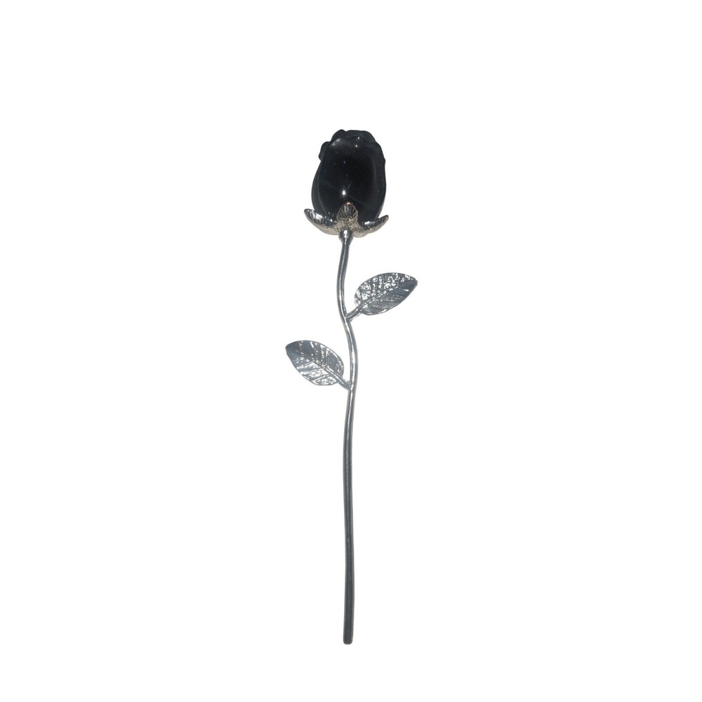 Black Rose Figurine Silver Tone Metal Stem Long Stemmed Flower Decor 6.5 Inch